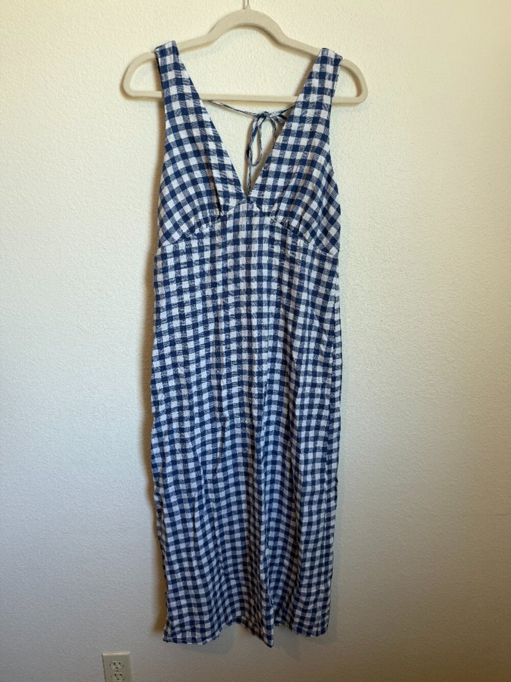 Old Navy Blue Gingham Linen Blend V-Neck Midi Dress Medium - Picture 2 of 9